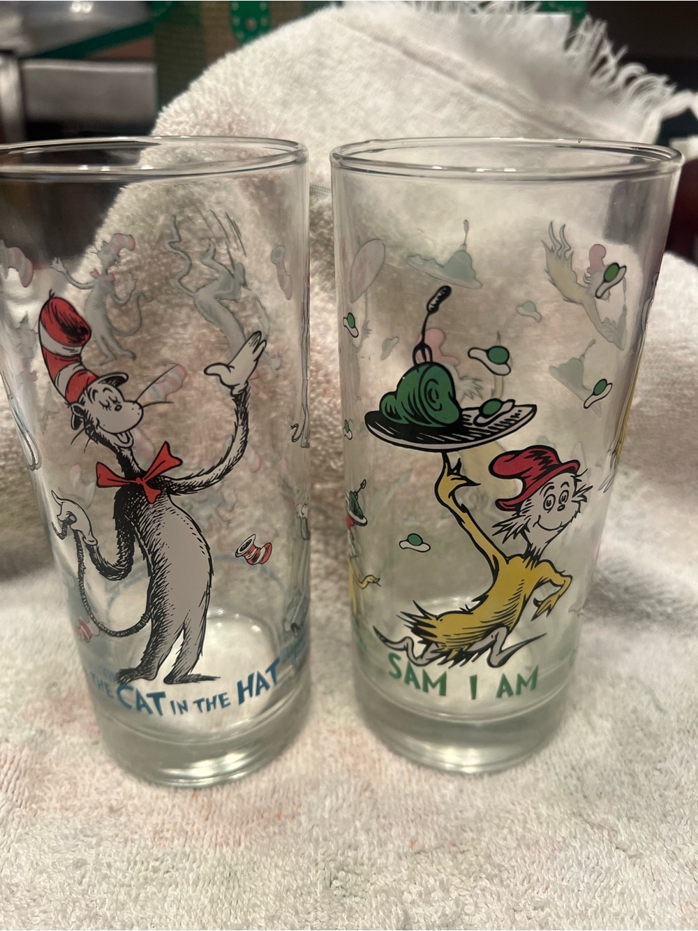 Dr. Seuss Glasses with Red, Green, Yellow & Black Character Art Set of (2)